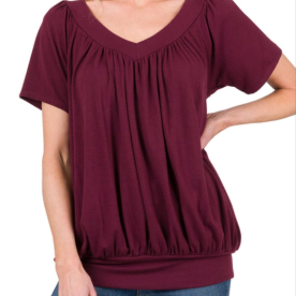 Zenana v-neck short sleeve shirring top *BURGUNDY*